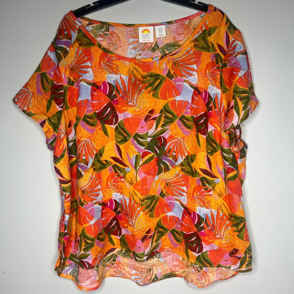 C&C California Leaf Print 100% Linen Tunic Size 1X Resort Beach Boho Relaxed - Picture 1 of 9